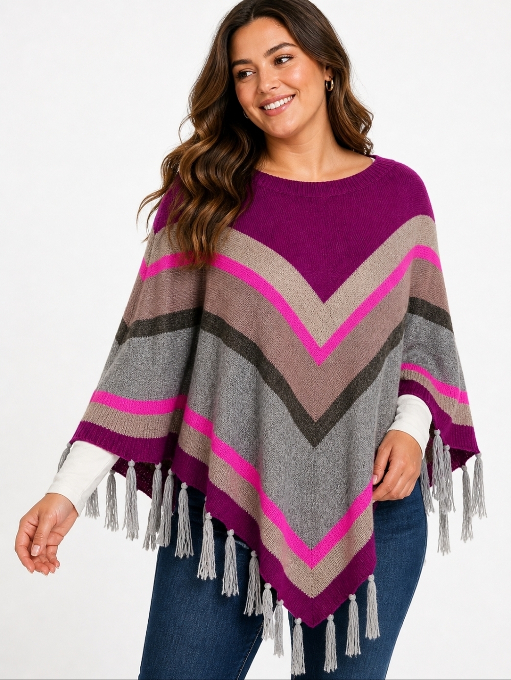 Rebecca Taylor Cashmere Wool Fringe Poncho OS Pink Chevron Stripe NWT